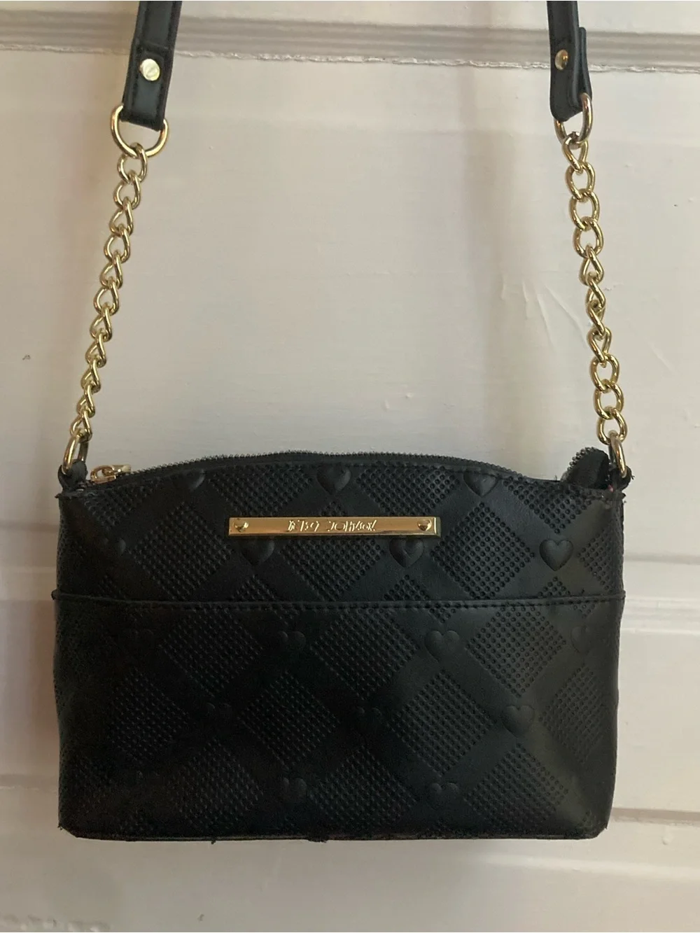 Betsey Johnson Black Heart Embossed Crossbody Bag with Gold Chain